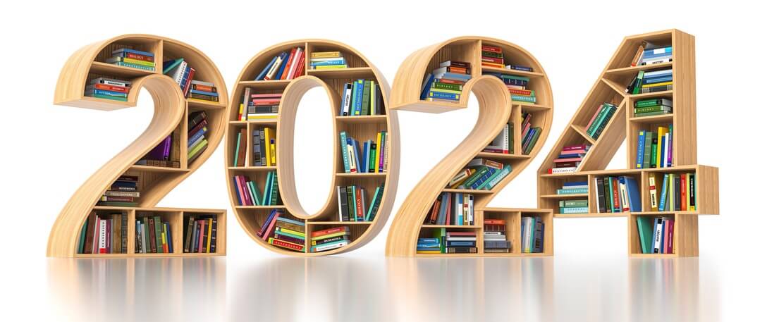 2024 with books inside the numbers on shelves.