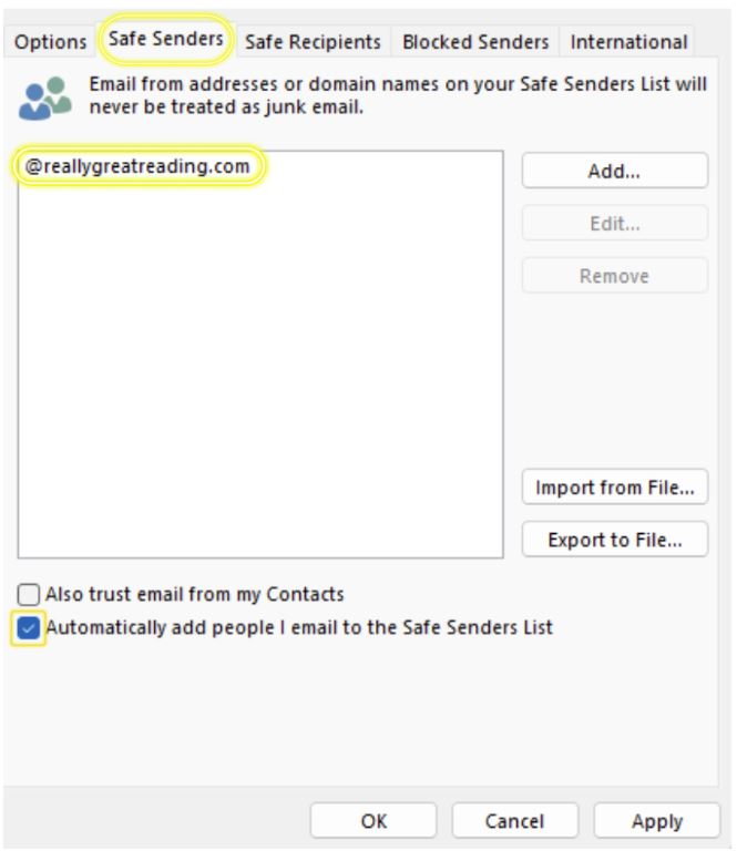 safe sender click automatic 