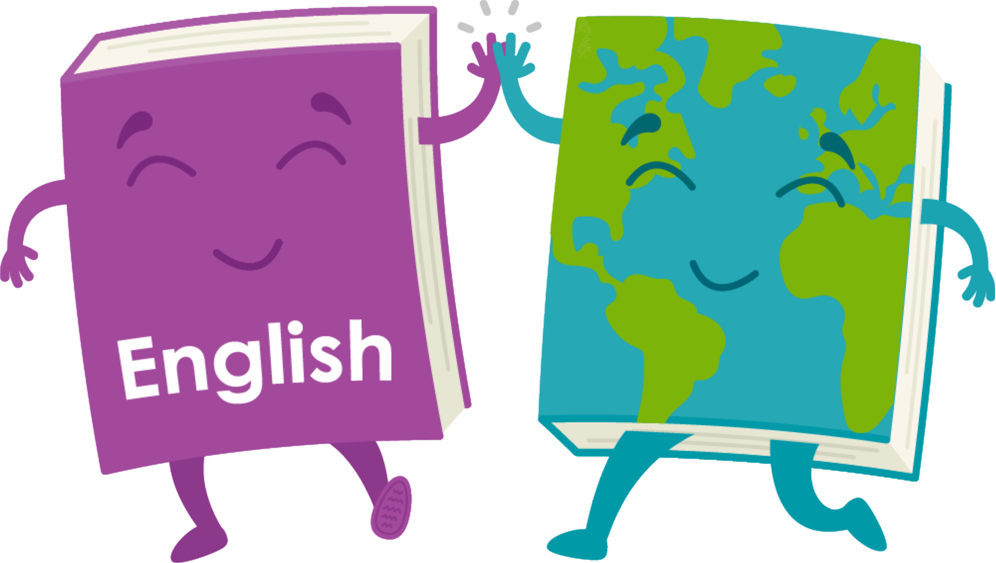 Illustration of a smiling english book in purple.