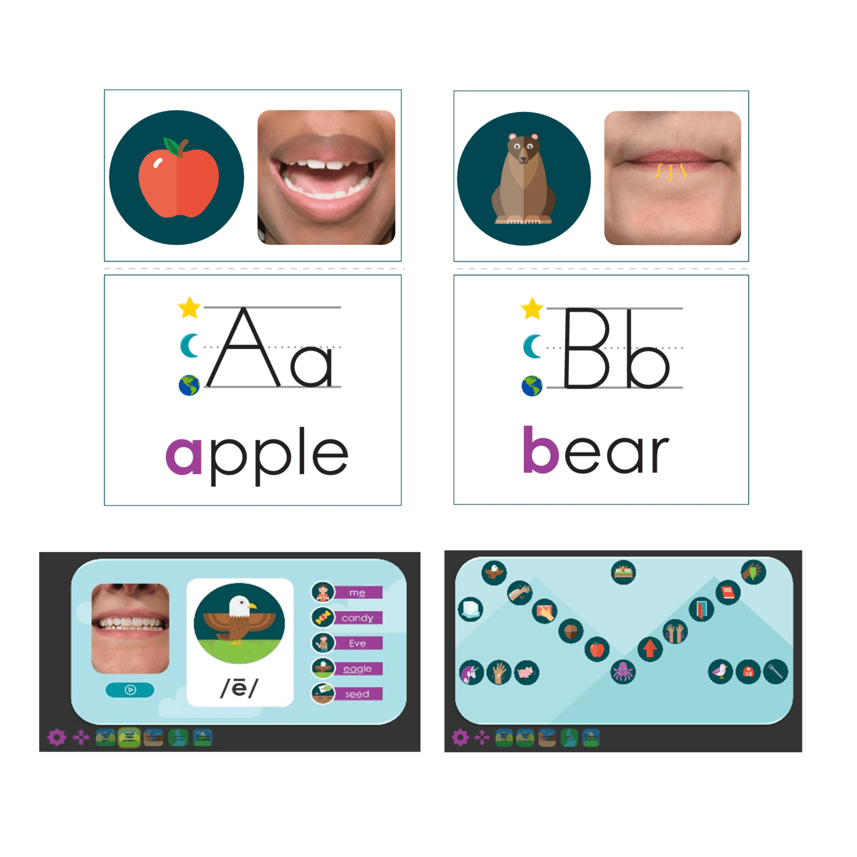 Sound-spelling wall example of printable cards and interactive digital games.