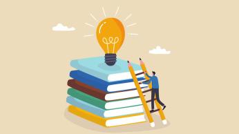 Illustration of a person climbing a ladder up a stack of books to a lightbulb.