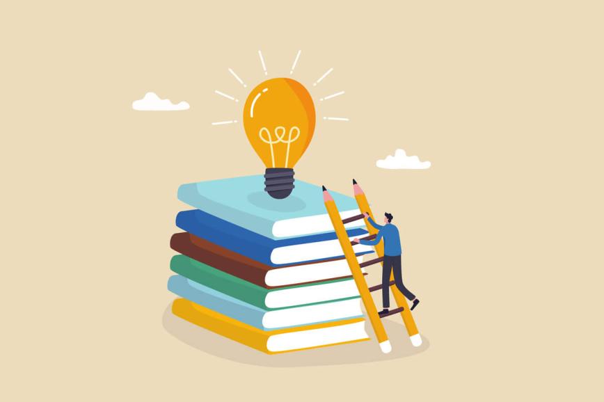 Illustration of a person climbing a ladder up a stack of books to a lightbulb.